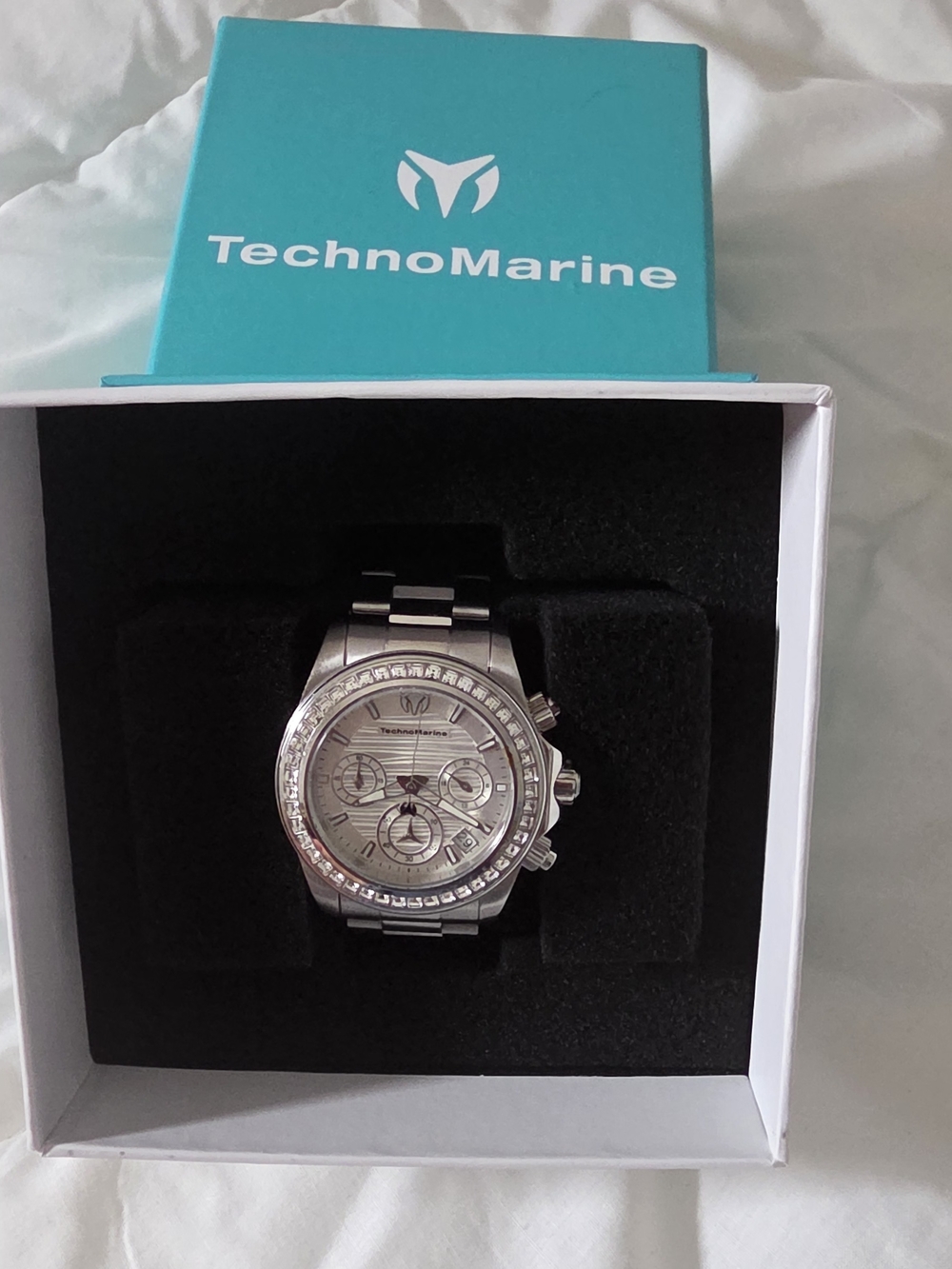 Technomarine Silver and White Crystal Bezel Chronograph Watch